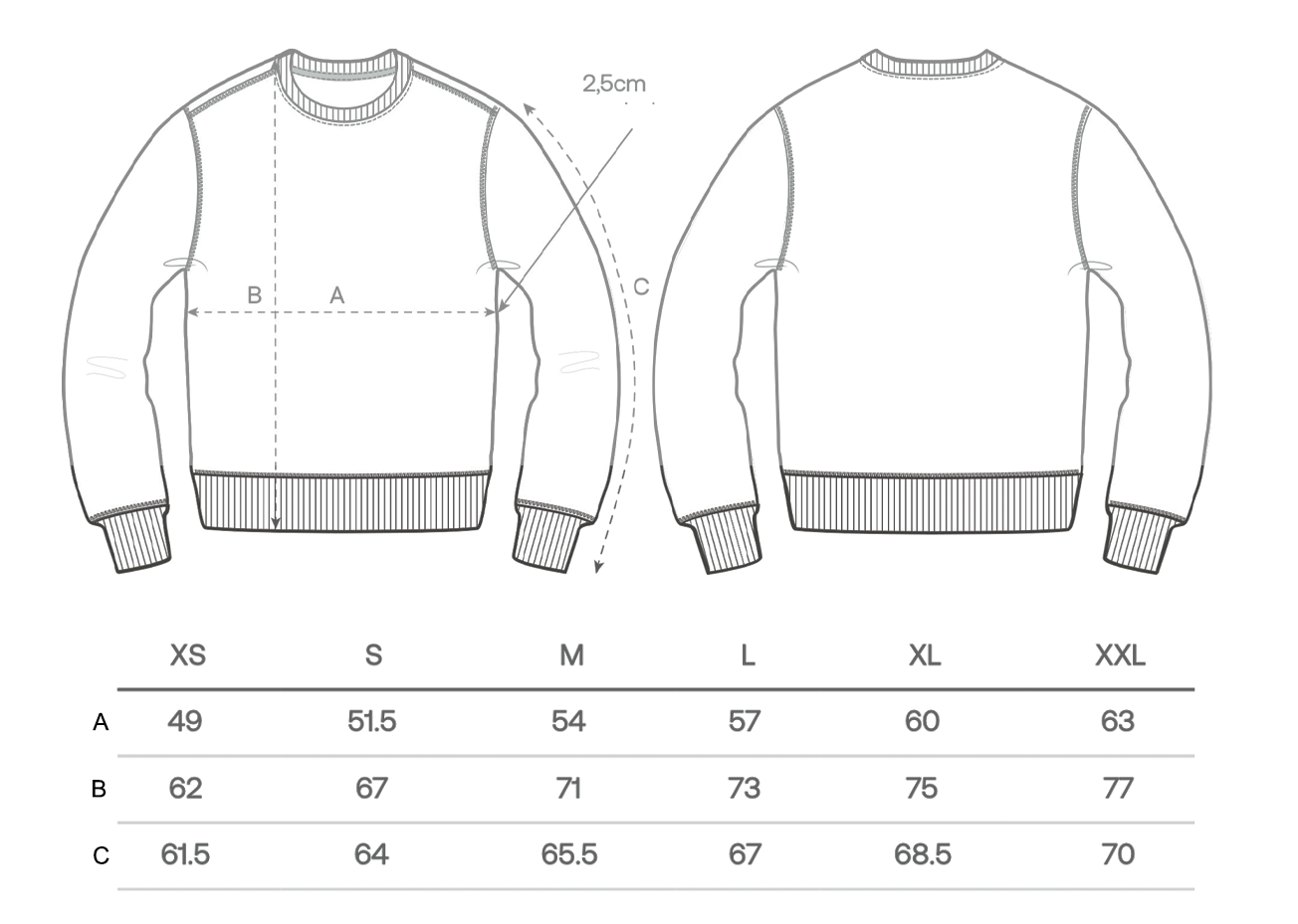 maattabel sweatshirt